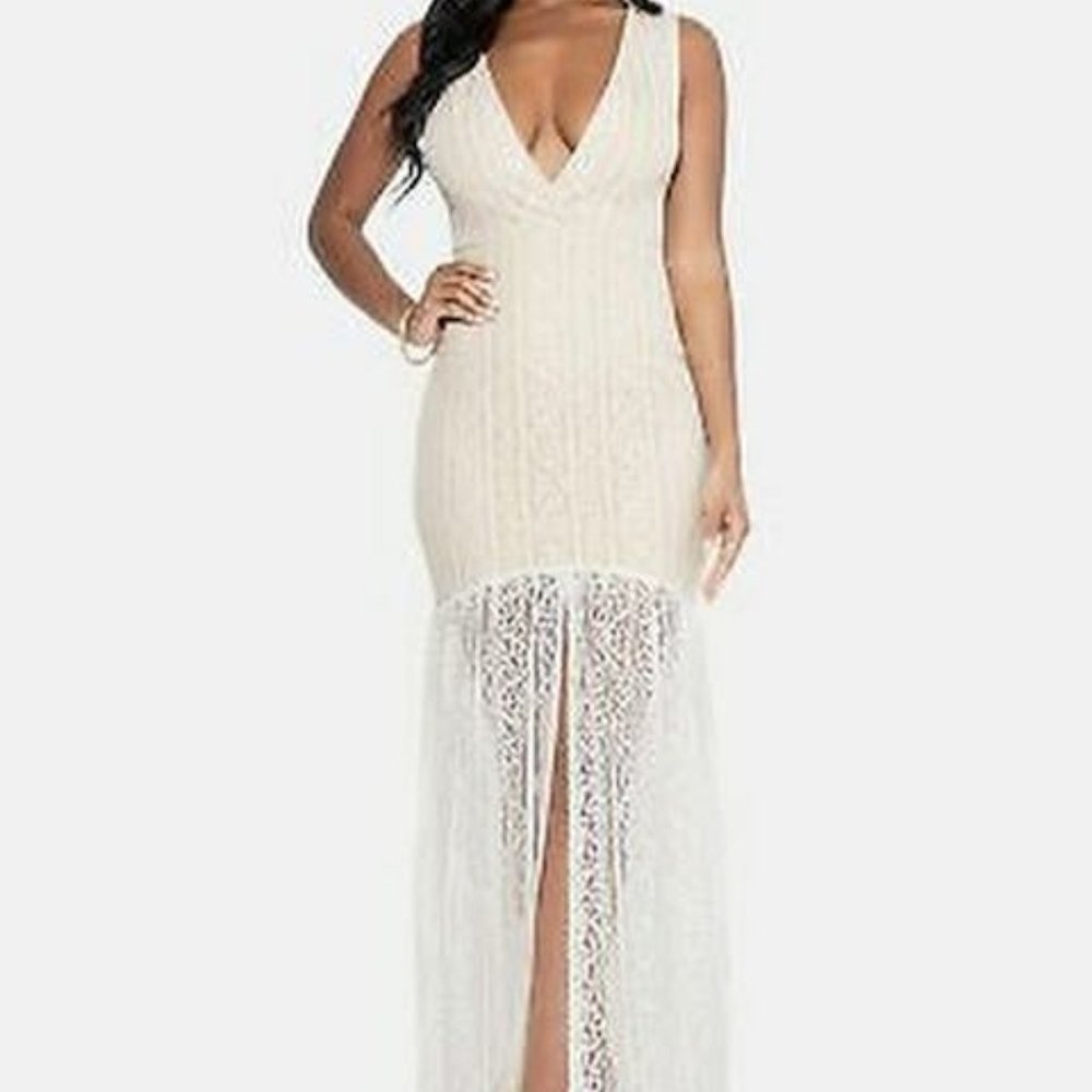 BEBE L/S Hi Low Lace Maxi Dress - White/Beige / Small - Picture 3 of 3
